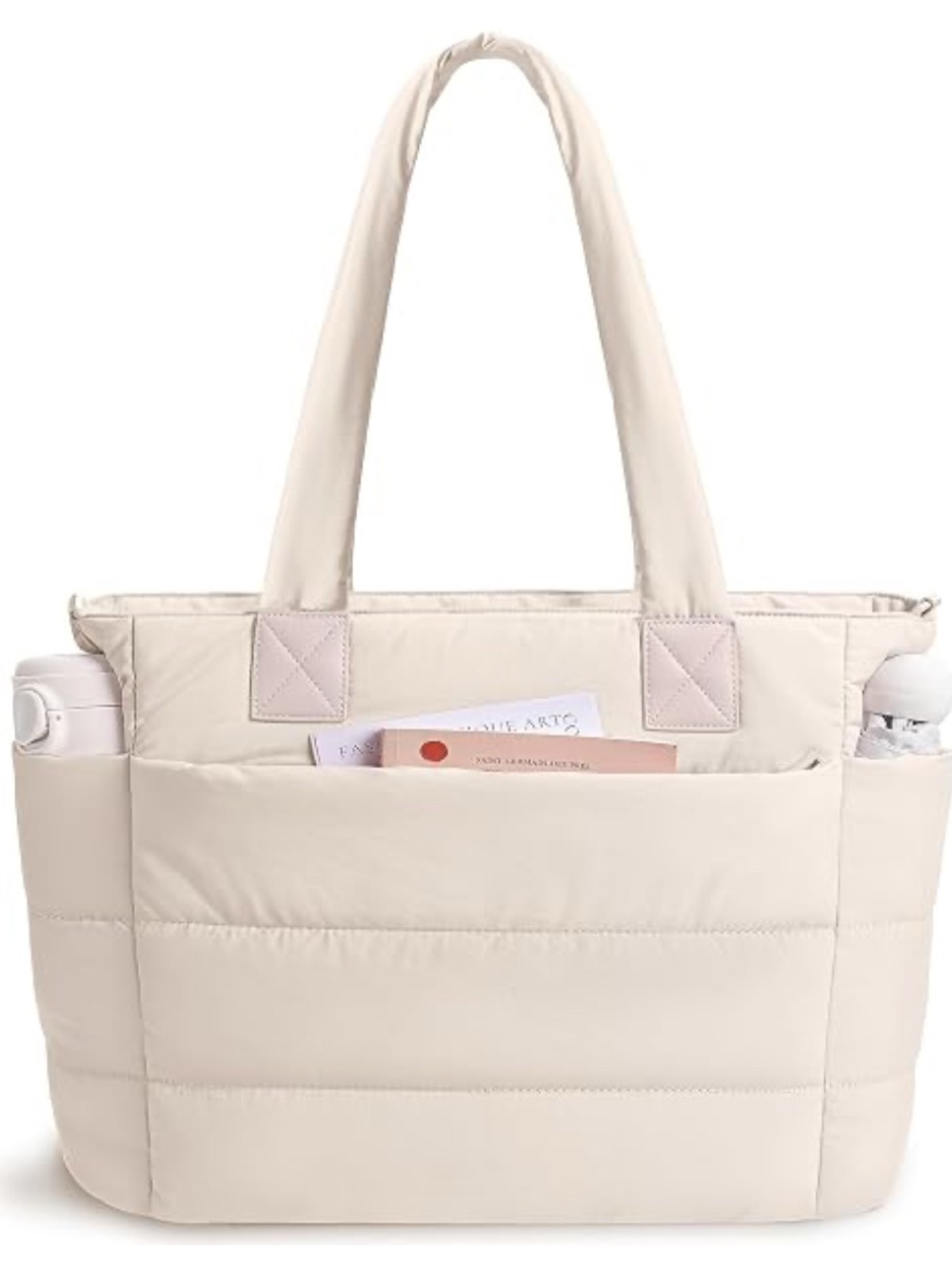 Bagsmart Light Cream Quilted Shoulder Tote with Detachable Strap